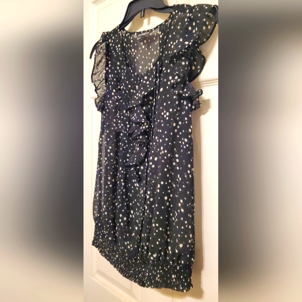 Express Polka Dot Sheer Ruffled Black And Cream Blouse Size Small